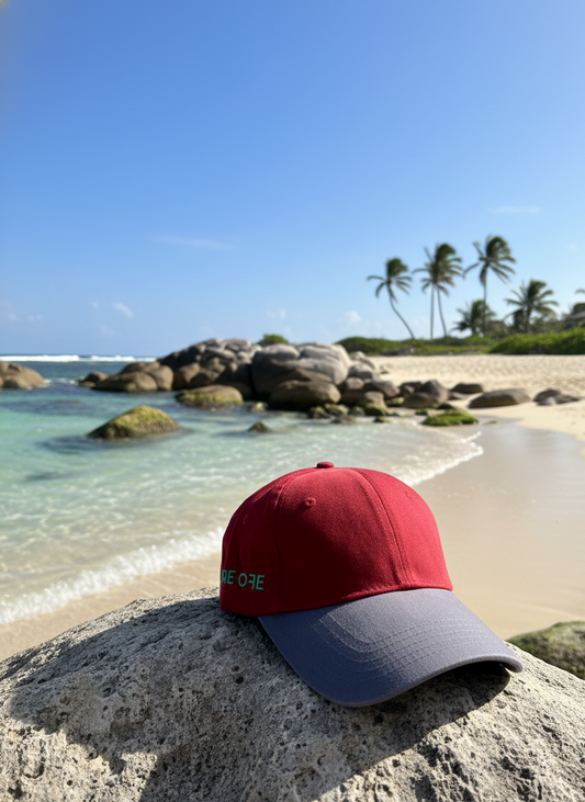 Red and gray cap on a rock with a beach and ocean in the background
