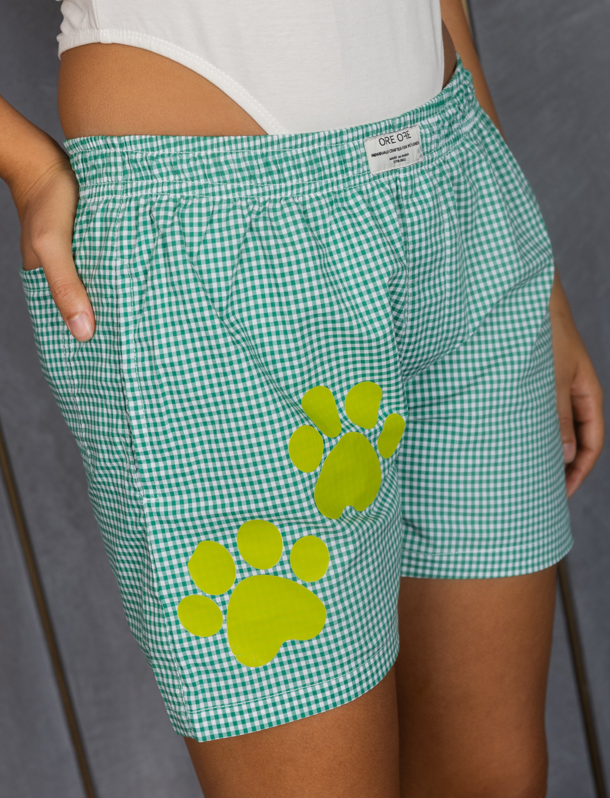 Model wearing green checkered ORE OFE boxers with a paw print 