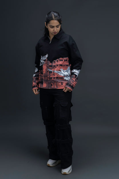 Person wearing a black heritage jacket by ORE OFE that is designed with the theme of Hawa Mahal