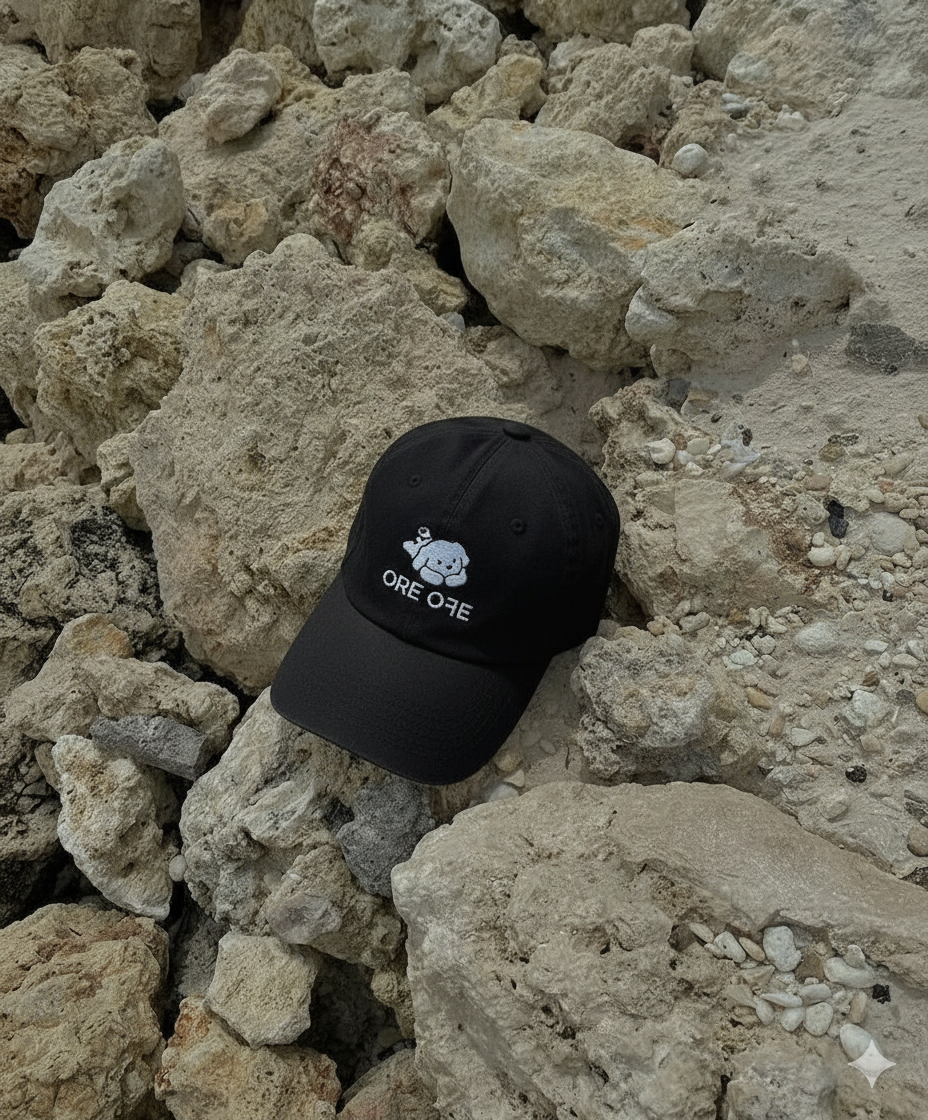 Black cap with a logo on a rocky surface