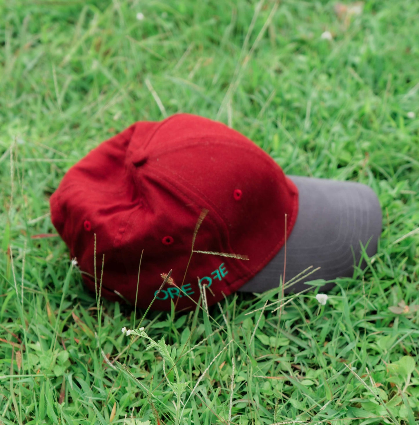 Red & grey ORE OFE baseball cap on grass