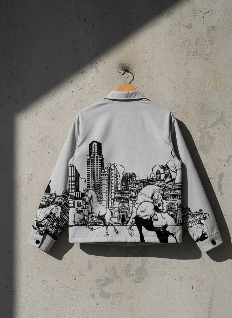 Gray jacket with black and white graphic design of a cityscape and horseback riders on a concrete wall.