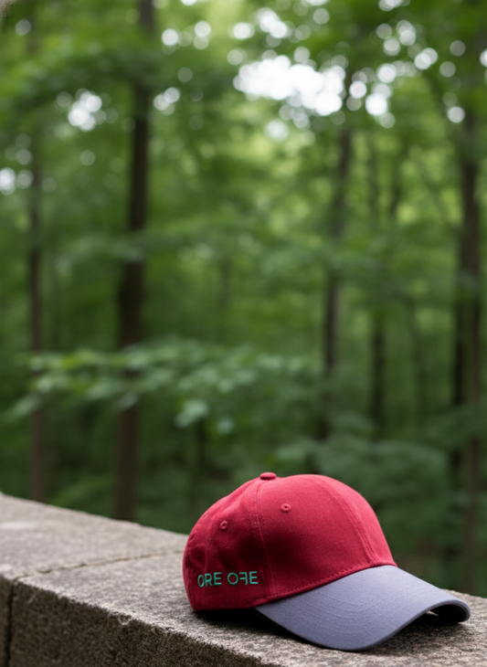 Red and gray cap with 'ORE ORE' logo on a stone ledge with a forest background