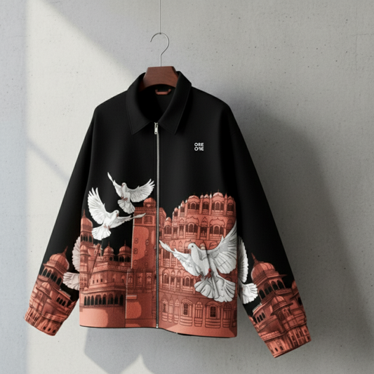 Black jacket with architectural design and white birds on a gray background