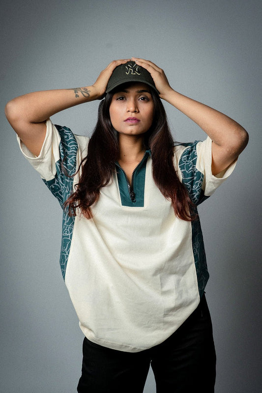 Cream & Green Oversized Polo - ORE OFE