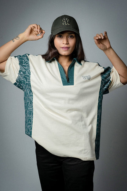 Cream & Green Oversized Polo - ORE OFE