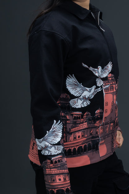 Person wearing a black heritage jacket by ORE OFE that is designed with the theme of Hawa Mahal