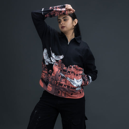 Person wearing a black heritage jacket by ORE OFE that is designed on the basis of hawa mahal 