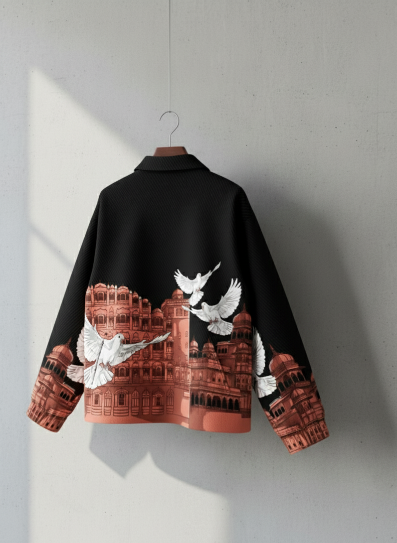Black jacket with red and white design on a hanger against a light gray wall