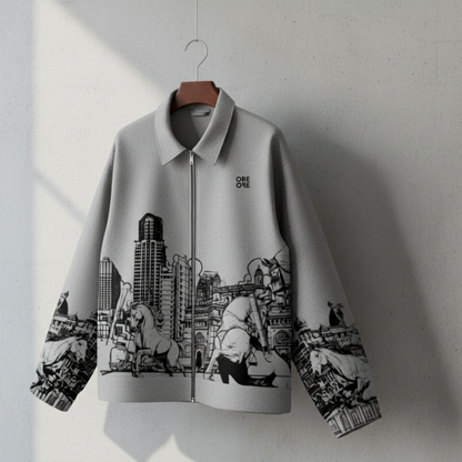Gray jacket with black cityscape design and 'ORE OFE' branding on a hanger against a light gray wall.