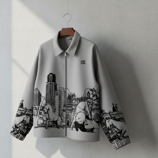 Gray jacket with black cityscape design and 'ORE OFE' branding on a hanger against a light gray wall.